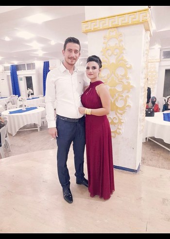 Bordo Drapeli Uzun Straplez Abiye Elbise - Görsel 6