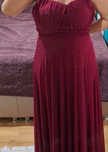 Bordo Drapeli Uzun Straplez Abiye Elbise - Görsel 5