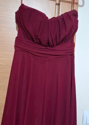 Bordo Drapeli Uzun Straplez Abiye Elbise - Görsel 2