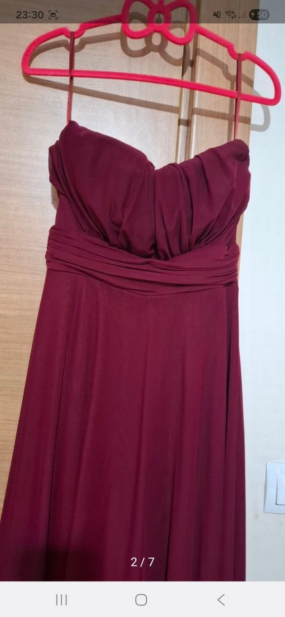 Bordo Drapeli Uzun Straplez Abiye Elbise - Görsel 2