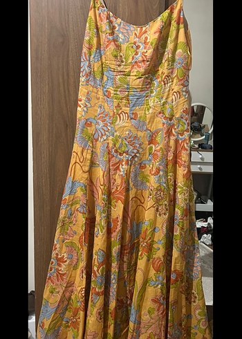 Sarı Çiçek Desenli Uzun Bohem Elbise - Görsel 4