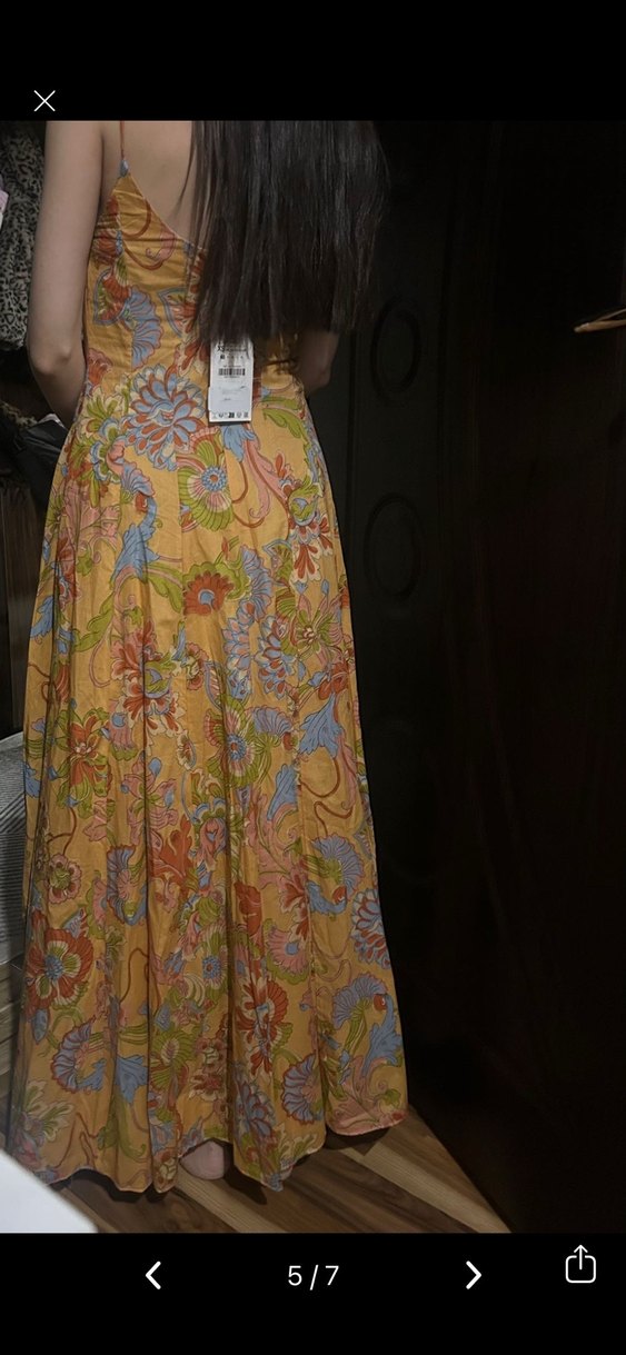 Sarı Çiçek Desenli Uzun Bohem Elbise - Görsel 5