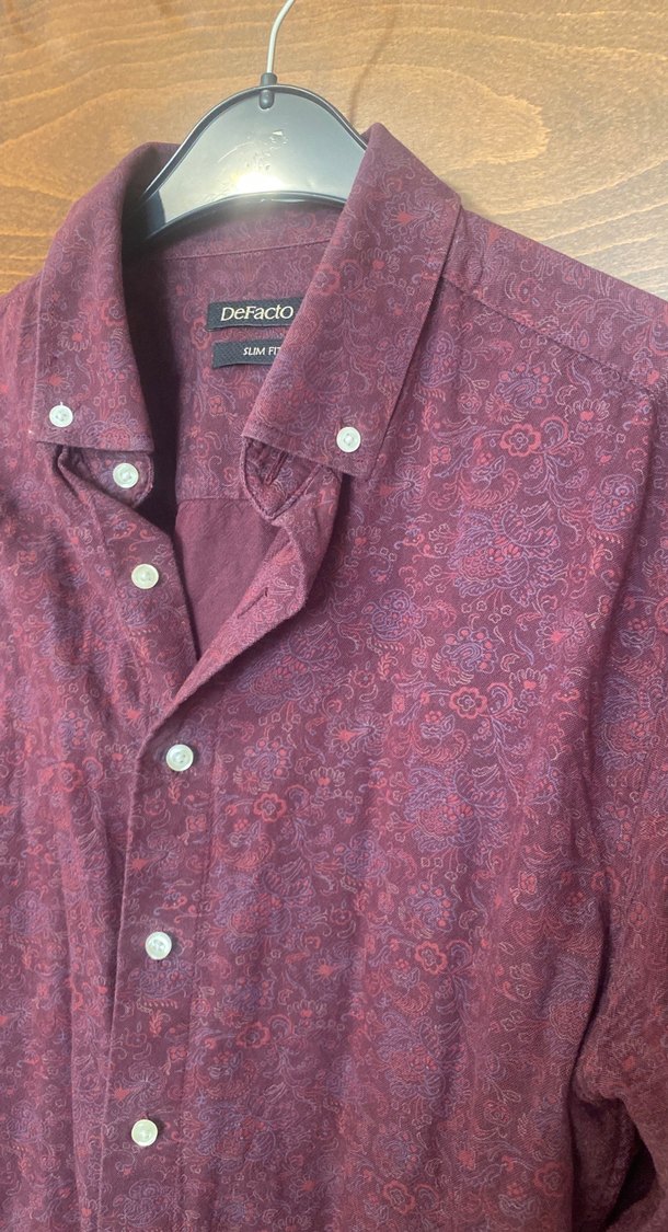 Bordo Düğmeli Uzun Kollu Keten Erkek Gömlek - Görsel 3