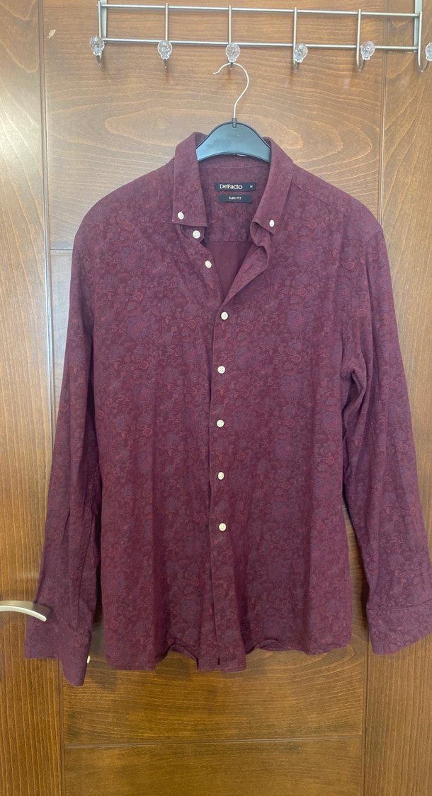 Bordo Düğmeli Uzun Kollu Keten Erkek Gömlek - Görsel 4