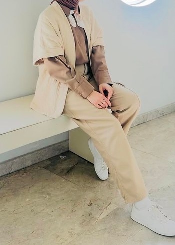 Bej Kadın Pamuk Kumaş Rahat Pantolon - Görsel 3