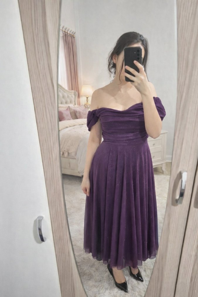 Mor Straplez Midi Elbise - Görsel 3