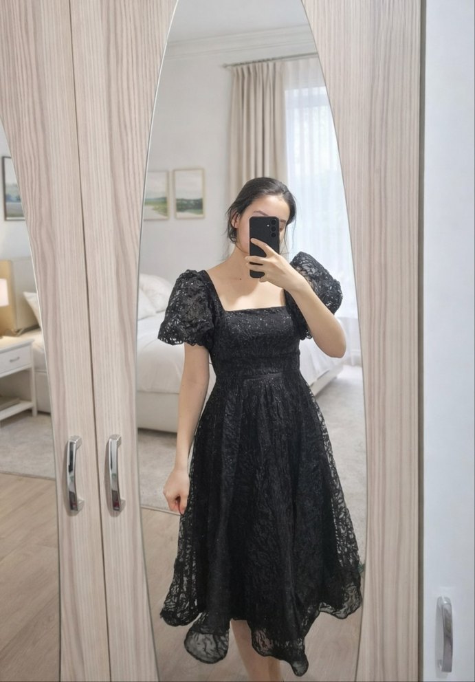 Dantel Detaylı Siyah Uzun Goth Elbise - Görsel 2