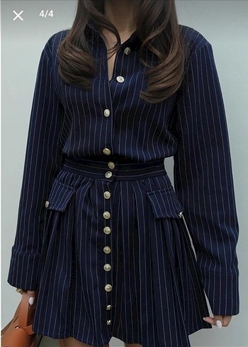 Düğmeli Lacivert Çizgili Midi Denim Elbise - Görsel 2