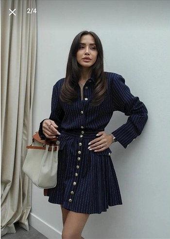 Düğmeli Lacivert Çizgili Midi Denim Elbise - Görsel 3