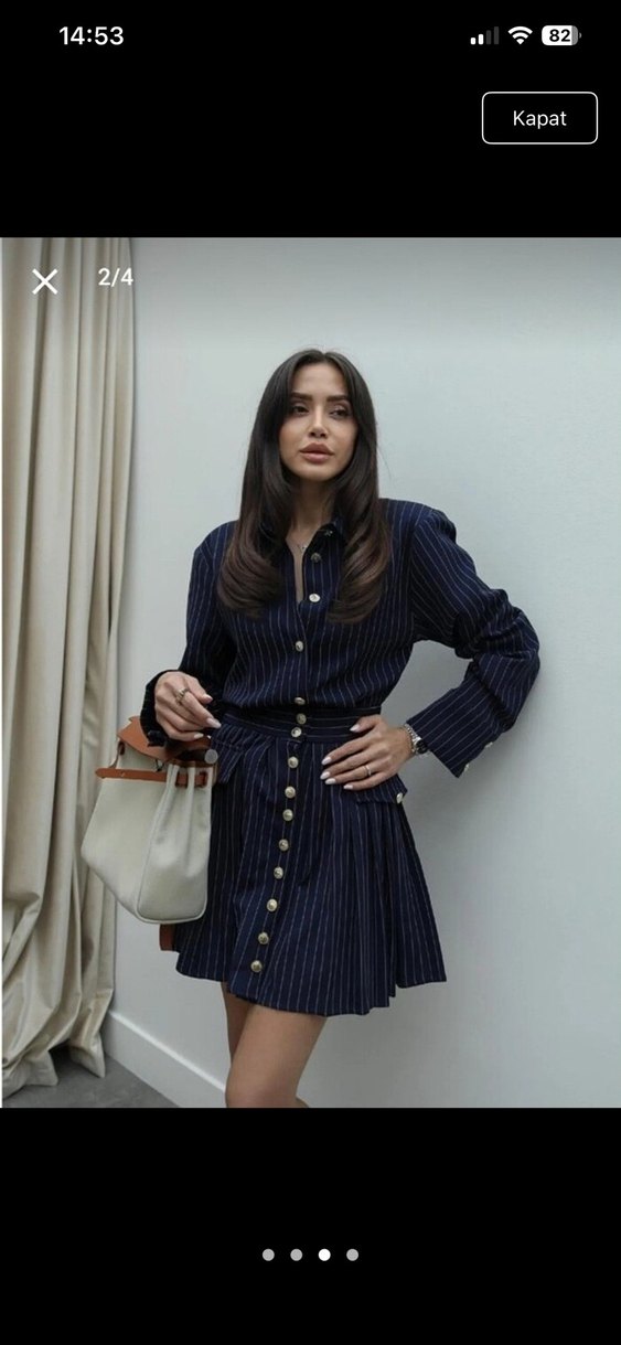 Düğmeli Lacivert Çizgili Midi Denim Elbise - Görsel 3