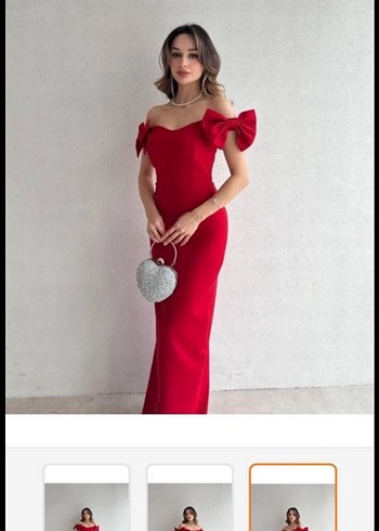 Kırmızı Fiyonk Detaylı Uzun Abiye Elbise - Görsel 2