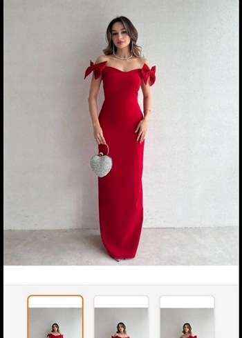 Kırmızı Fiyonk Detaylı Uzun Abiye Elbise - Görsel 3