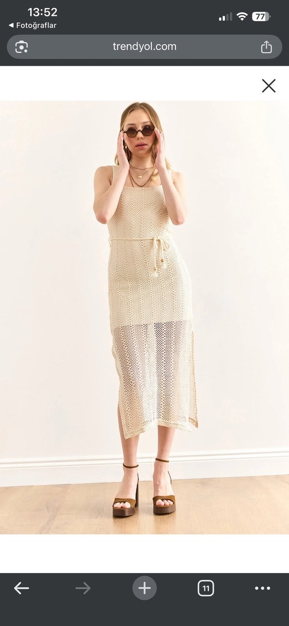 Bej Uzun Triko Dantel Detaylı Elbise - Görsel 3