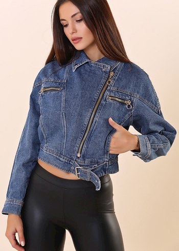 Kemer Detaylı Mini Mavi Kot Ceket - Görsel 2