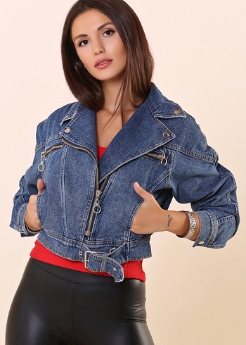 Kemer Detaylı Mini Mavi Kot Ceket - Görsel 4