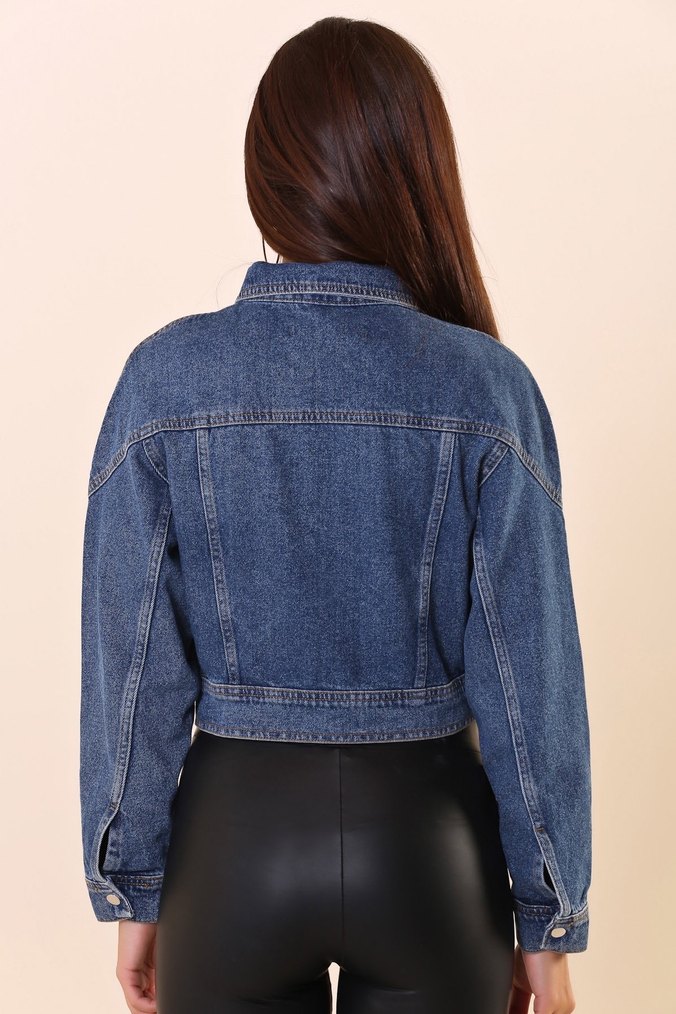 Kemer Detaylı Mini Mavi Kot Ceket - Görsel 3