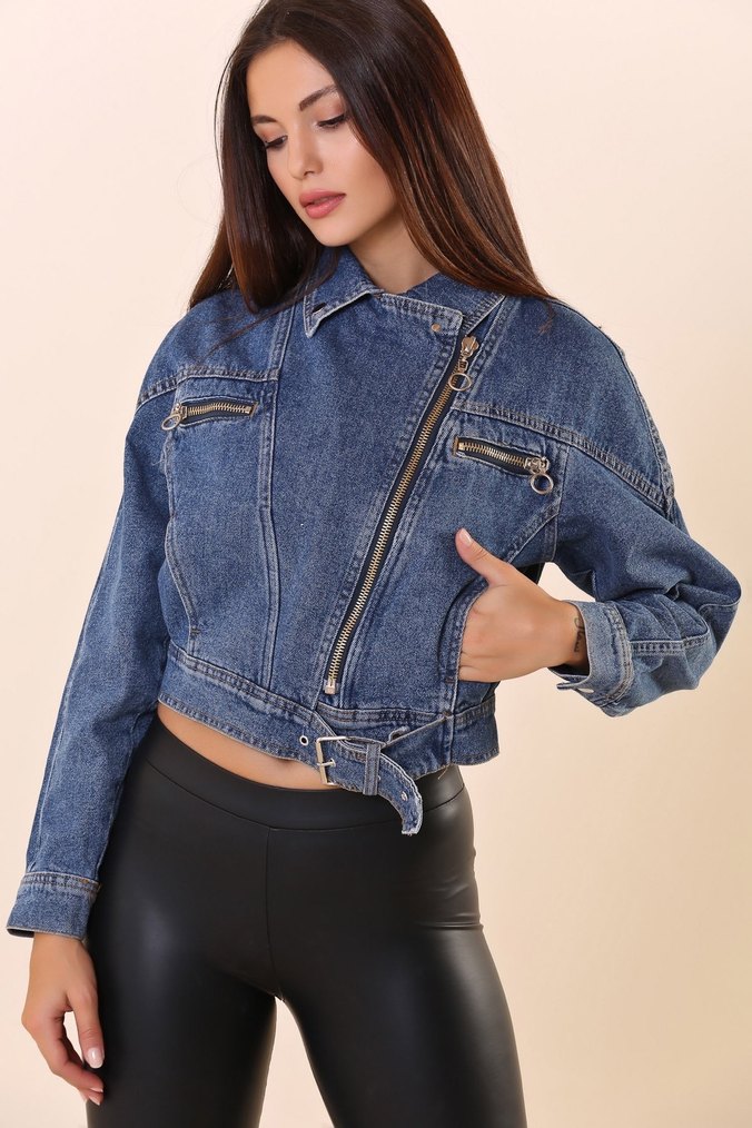 Kemer Detaylı Mini Mavi Kot Ceket - Görsel 2