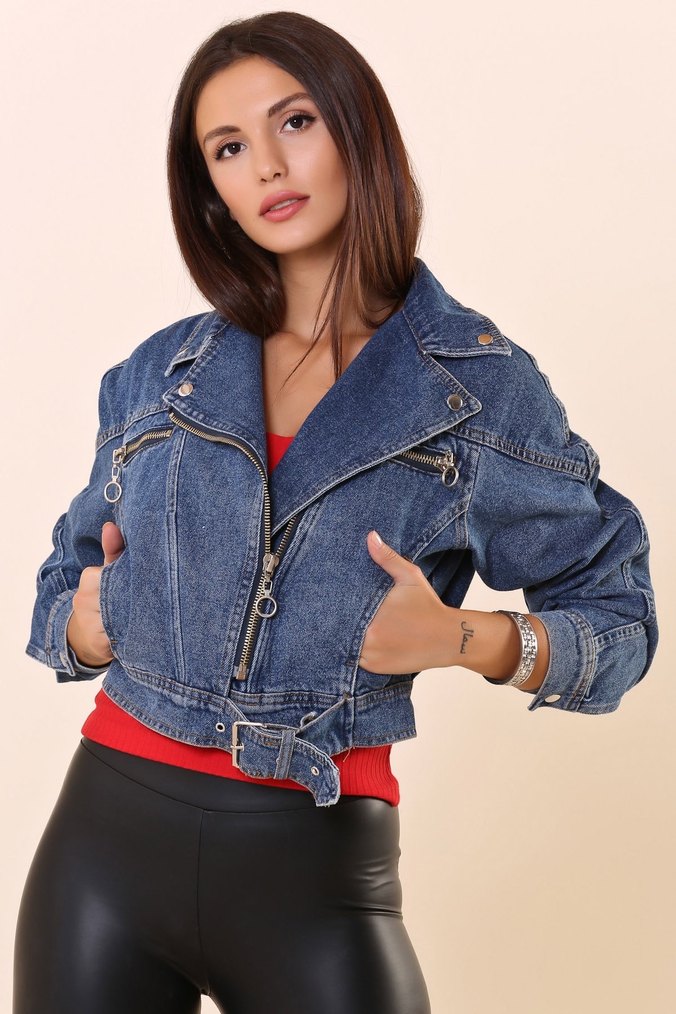 Kemer Detaylı Mini Mavi Kot Ceket - Görsel 4