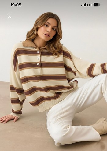 Bordo Çizgili Pamuklu Kadın Sweatshirt - Görsel 2