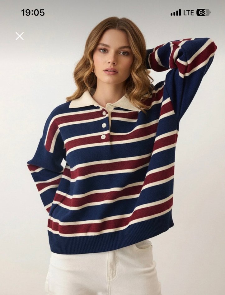 Bordo Çizgili Pamuklu Kadın Sweatshirt - Görsel 4