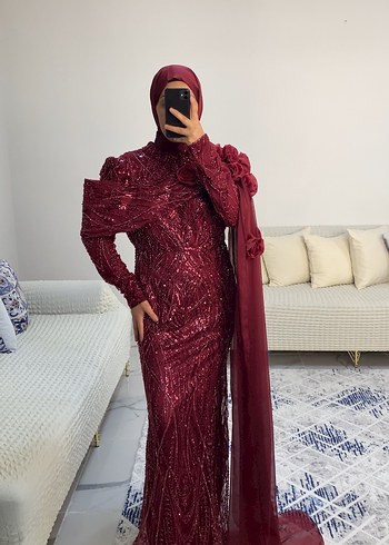 Tesettür bordo pelerinli abiye - Görsel 5