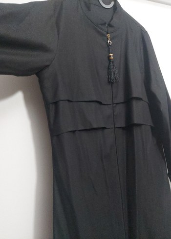 Uzun Siyah Keten Kadın Kaban - Görsel 2