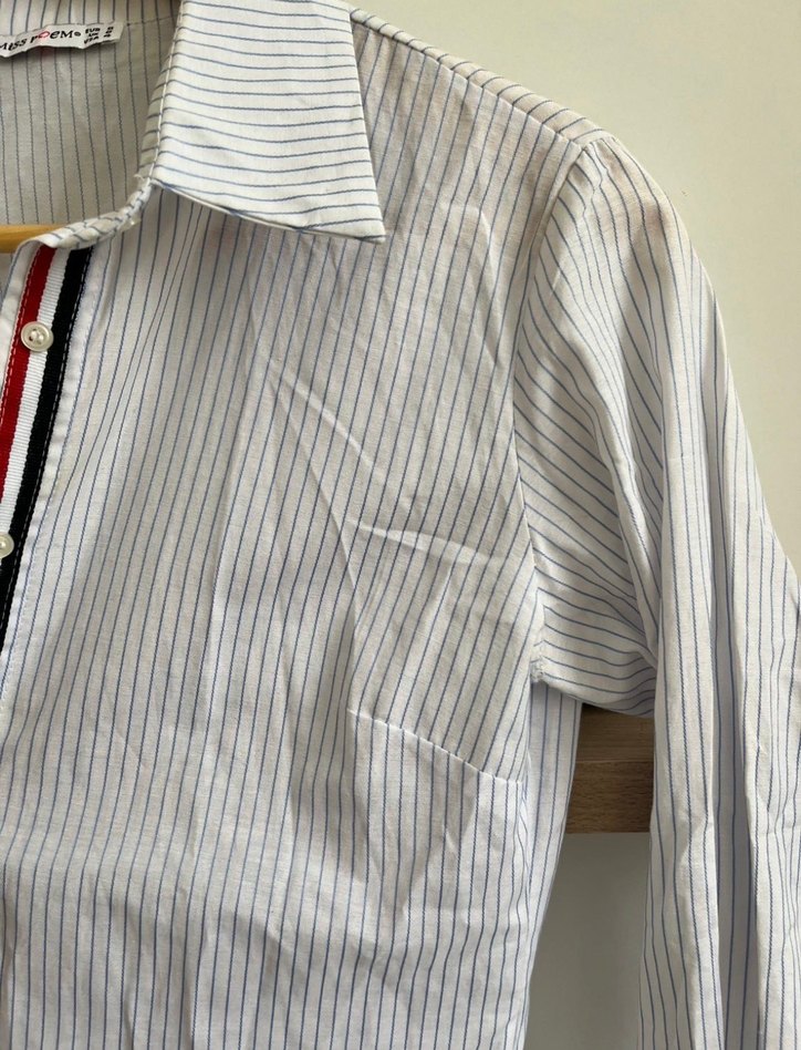 Düğmeli Uzun Kollu Çizgili Beyaz Gömlek - Görsel 4