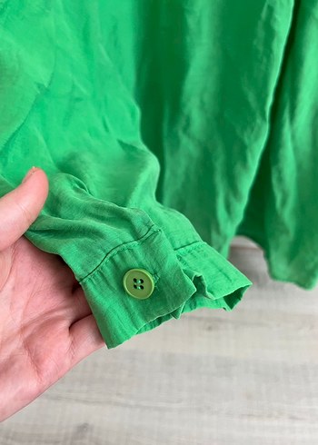 Düğmeli Yeşil Keten Kadın Gömlek - Görsel 5