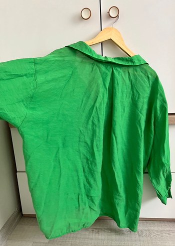 Düğmeli Yeşil Keten Kadın Gömlek - Görsel 2