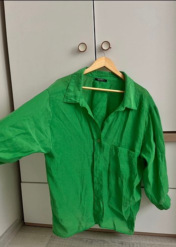 Düğmeli Yeşil Keten Kadın Gömlek - Görsel 3