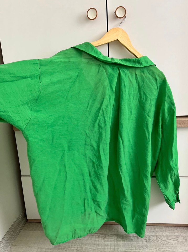 Düğmeli Yeşil Keten Kadın Gömlek - Görsel 2