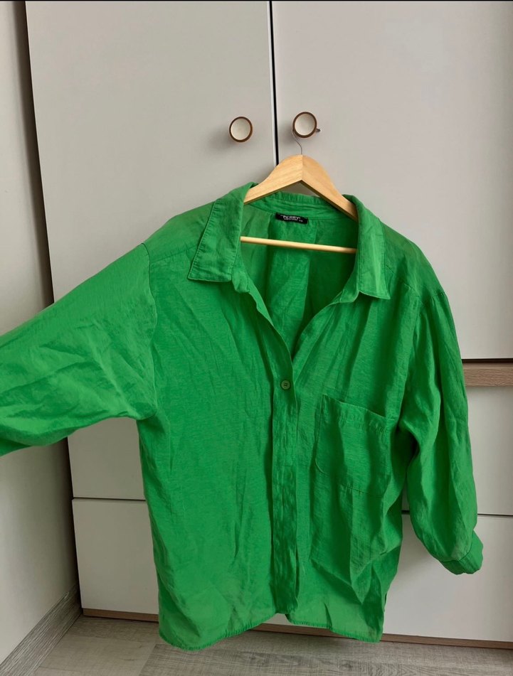 Düğmeli Yeşil Keten Kadın Gömlek - Görsel 3