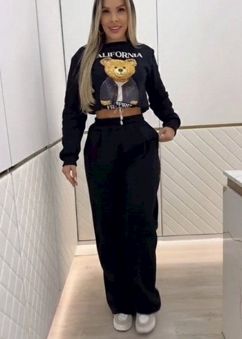 Desenli iki iplik şardonlu bluz ve pantolon ikili takım - Görsel 3