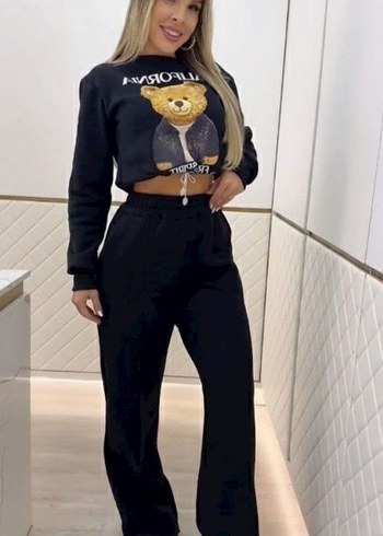 Desenli iki iplik şardonlu bluz ve pantolon ikili takım - Görsel 5