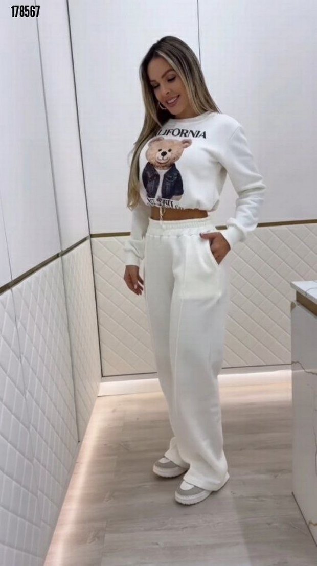 Desenli iki iplik şardonlu bluz ve pantolon ikili takım - Görsel 2