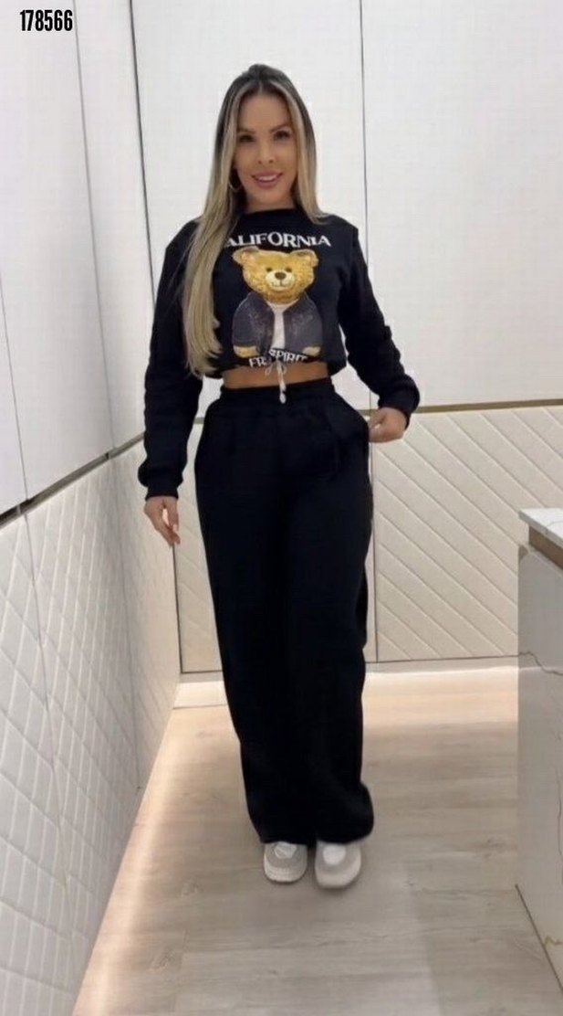 Desenli iki iplik şardonlu bluz ve pantolon ikili takım - Görsel 3