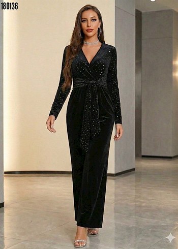 Uzun kollu kruvaze yakalı belden kuşaklı ışıltılı kadife tulum - Görsel 2