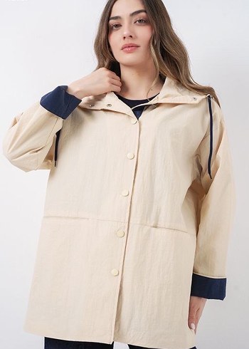 Teknik Kumaş Kapüşonlu Trençkot - Görsel 9