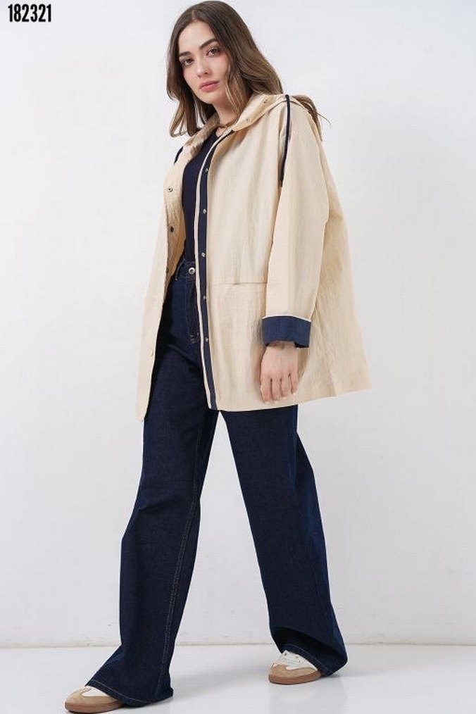 Teknik Kumaş Kapüşonlu Trençkot - Görsel 3