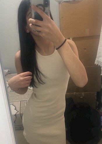 Krem rengi tam kalıp mini elbise - Görsel 3