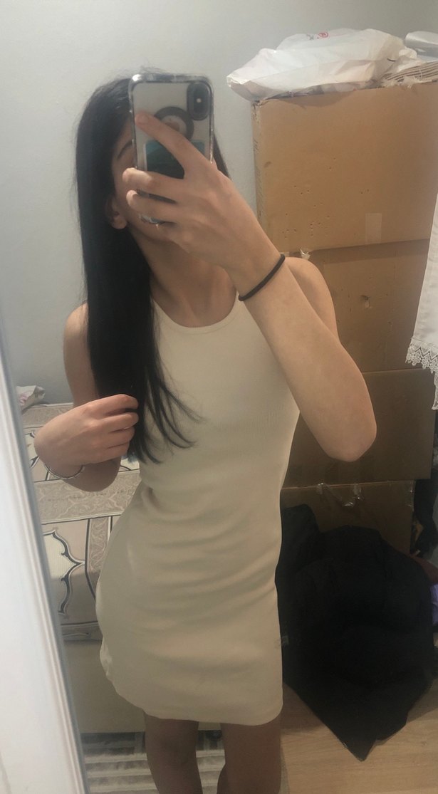 Krem rengi tam kalıp mini elbise - Görsel 3