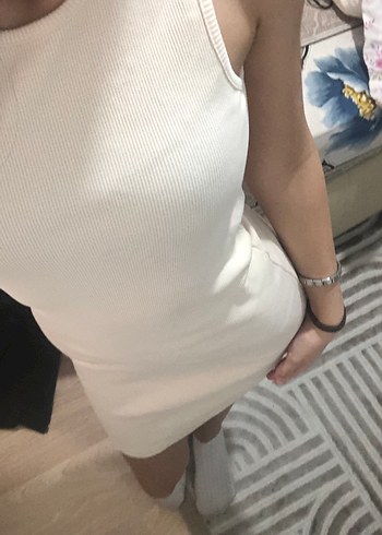 Krem rengi s beden tam kalıp mini elbise - Görsel 3