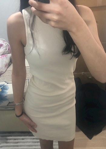 Krem rengi s beden tam kalıp mini elbise - Görsel 2