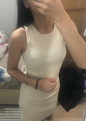 Krem rengi s beden tam kalıp mini elbise - Görsel 6