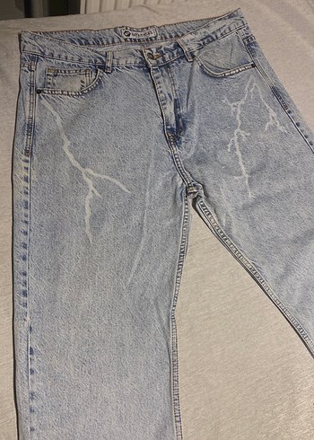 Şimşek desenli mavi Baskılı Bol Kesim Denim Pantolon - Görsel 3