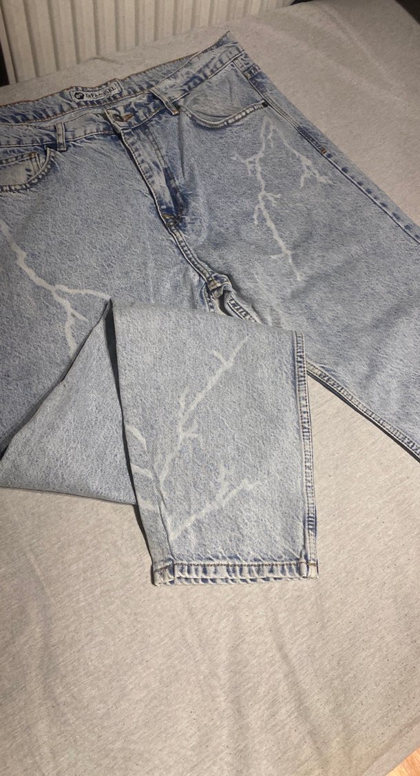 Şimşek desenli mavi Baskılı Bol Kesim Denim Pantolon - Görsel 4