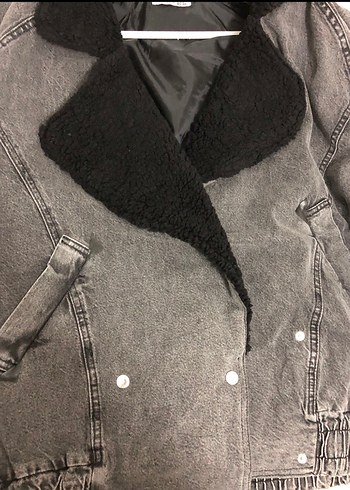 Gri Kadın Kot Ceket, Kürklü, Rahat Kesim - Görsel 4