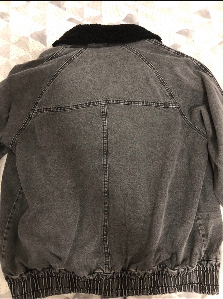 Gri Kadın Kot Ceket, Kürklü, Rahat Kesim - Görsel 2