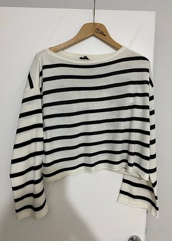 Uzun Kollu Siyah Beyaz Çizgili Triko Kadın Kazak - Görsel 2