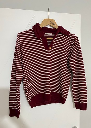 Bordo Çizgili Polo Yaka Kadın Kazak - Görsel 2